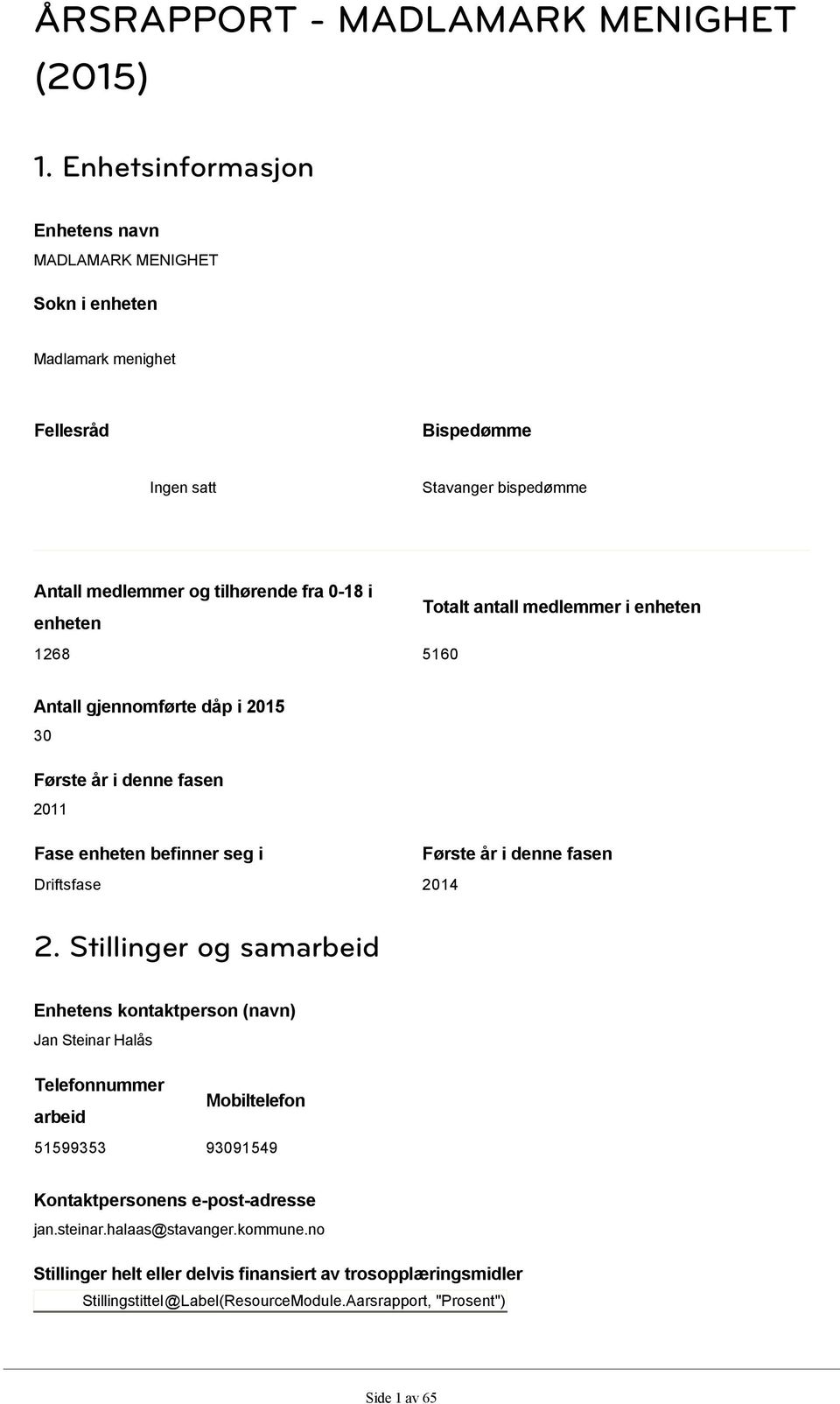 Totalt antall medlemmer i enheten 1268 5160 Antall gjennomførte dåp i 2015 30 Første år i denne fasen 2011 Fase enheten befinner seg i Første år i denne fasen Driftsfase 2014 2.