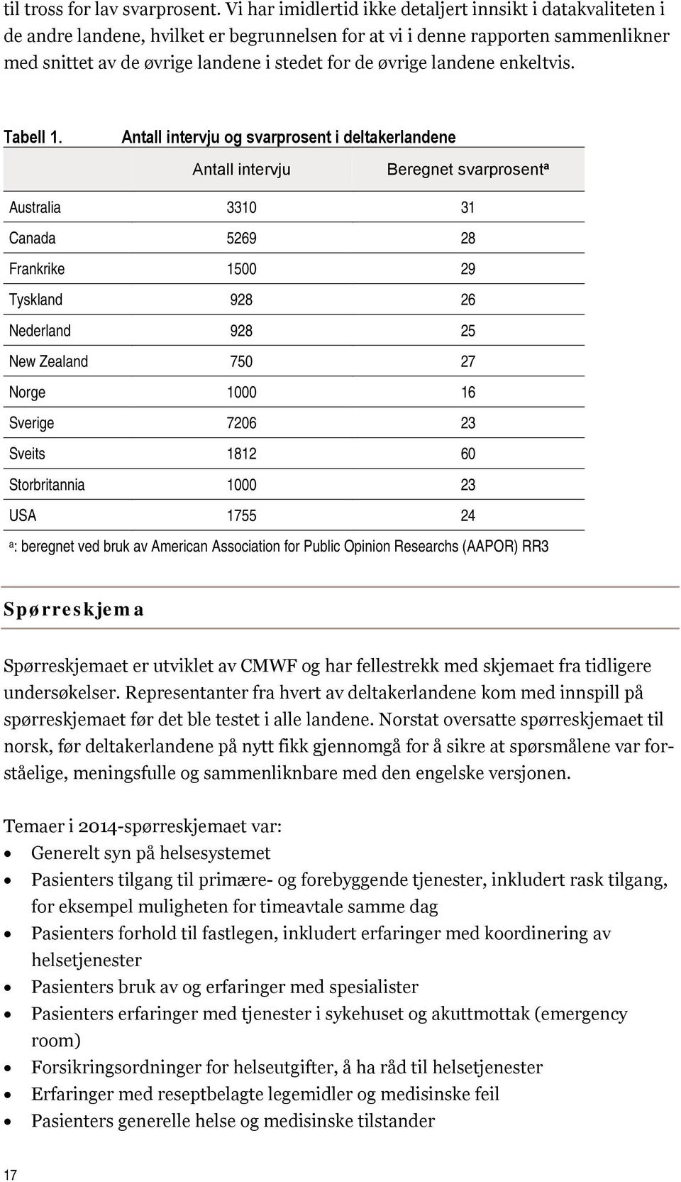 landene enkeltvis. Tabell 1.