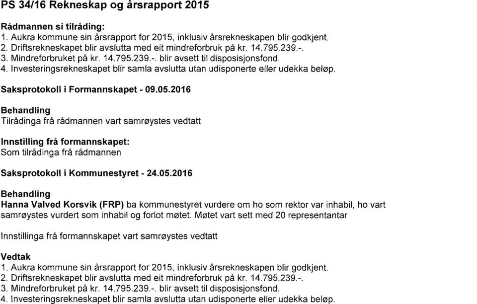 Saksprotokoll i Formannskapet - 09.05.2016 Behandfing Tilrådinga frå rådmannen vart samrøystes vedtatt Innstilling frå formannskapet: Som tilrådinga frå rådmannen Saksprotokoll i Kommunestyret - 24.