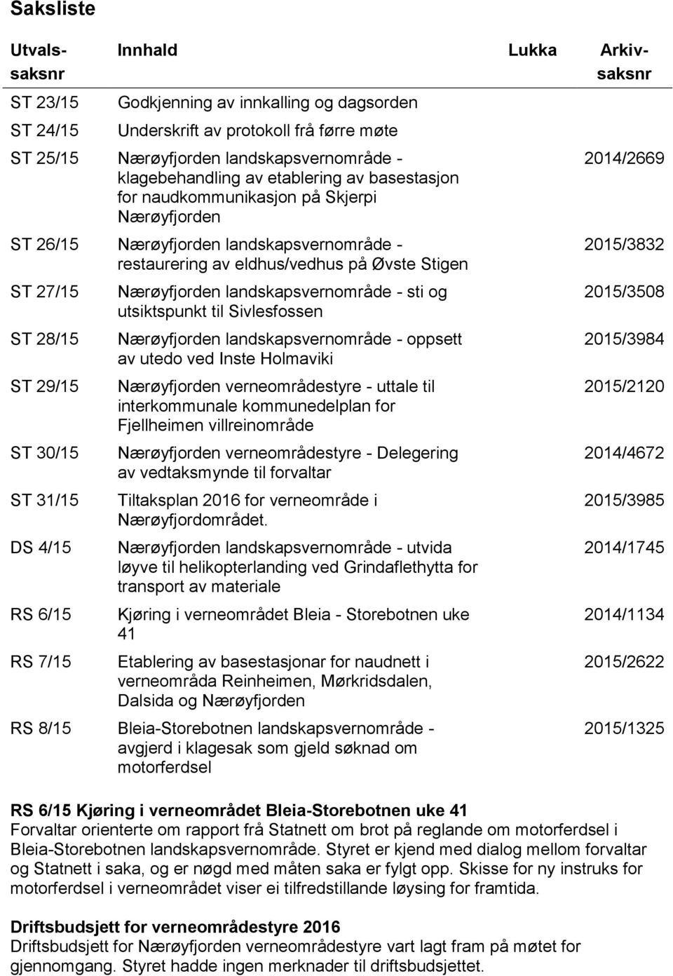 ST 29/15 ST 30/15 ST 31/15 DS 4/15 RS 6/15 RS 7/15 Nærøyfjorden landskapsvernområde - sti og utsiktspunkt til Sivlesfossen Nærøyfjorden landskapsvernområde - oppsett av utedo ved Inste Holmaviki