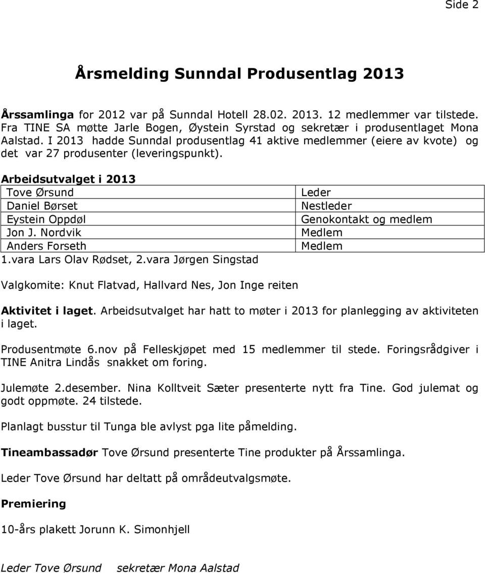 I 2013 hadde Sunndal produsentlag 41 aktive medlemmer (eiere av kvote) og det var 27 produsenter (leveringspunkt). Arbeidsutvalget i 2013 Daniel Børset Eystein Oppdøl Jon J. Nordvik Anders Forseth 1.