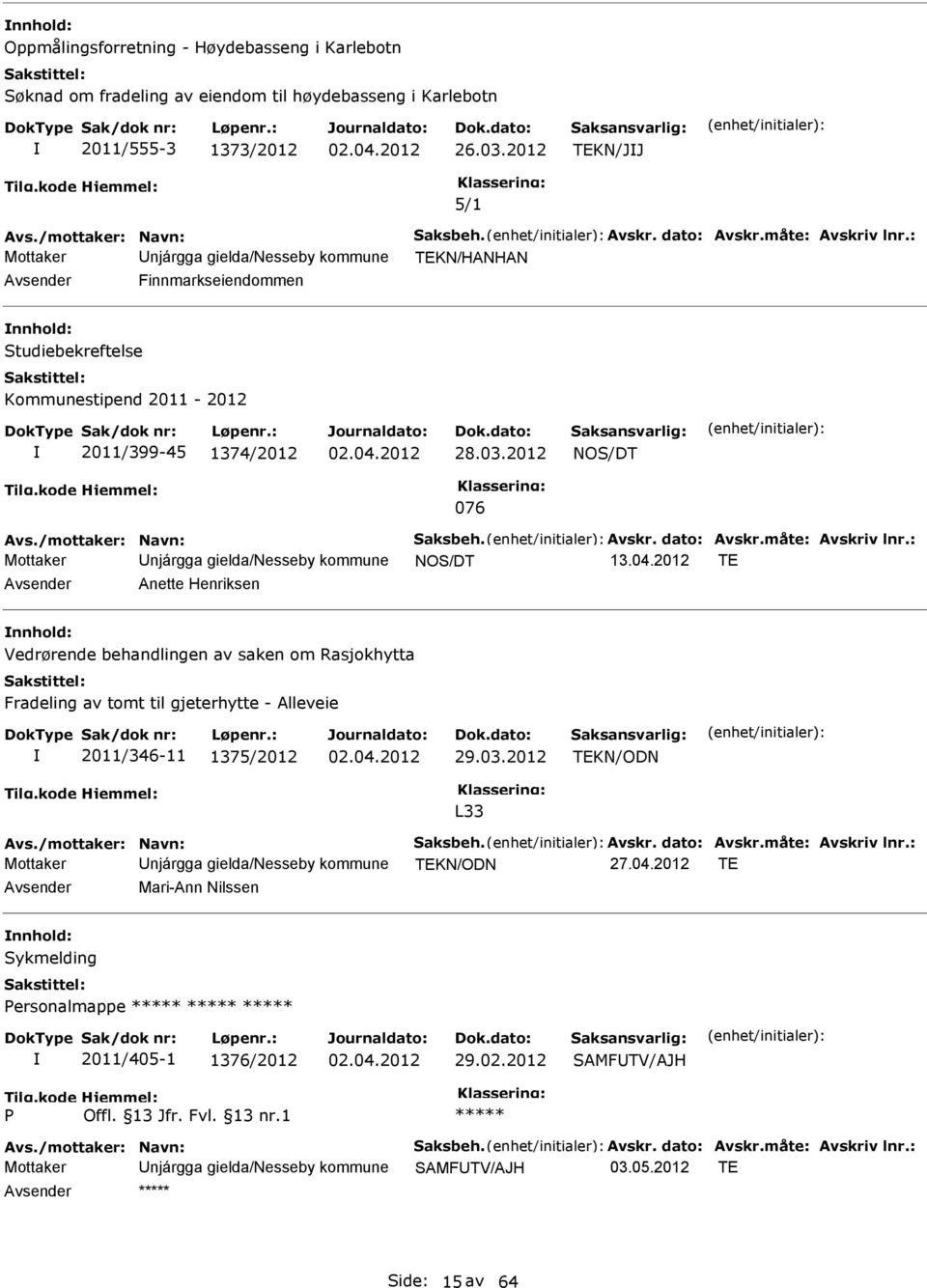 /mottaker: Navn: Saksbeh. Avskr. dato: Avskr.måte: Avskriv lnr.: Mottaker njárgga gielda/nesseby kommune NOS/DT 13.04.