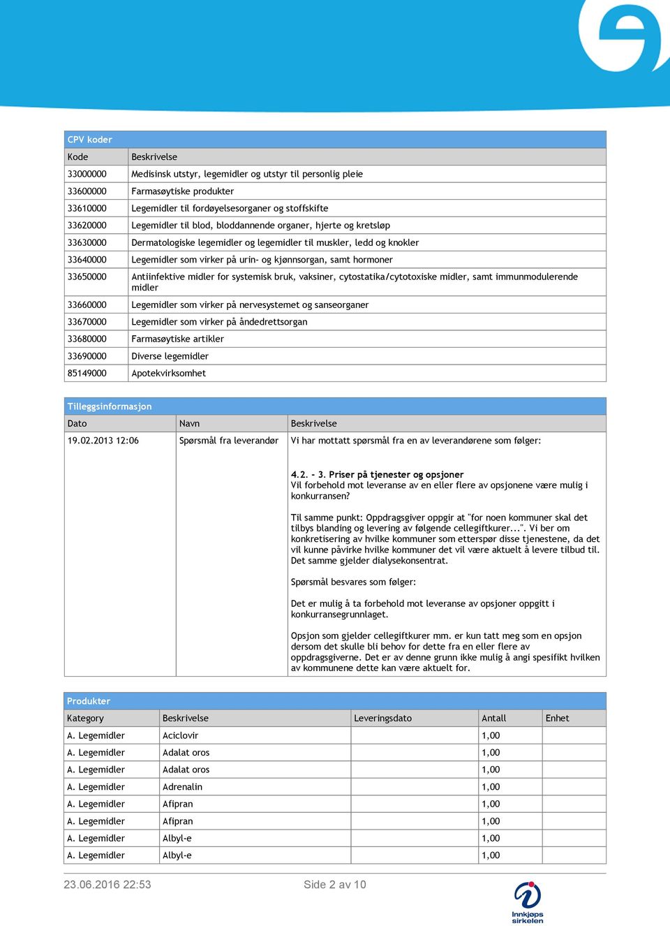 samt hormoner 33650000 Antiinfektive midler for systemisk bruk, vaksiner, cytostatika/cytotoxiske midler, samt immunmodulerende midler 33660000 Legemidler som virker på nervesystemet og sanseorganer