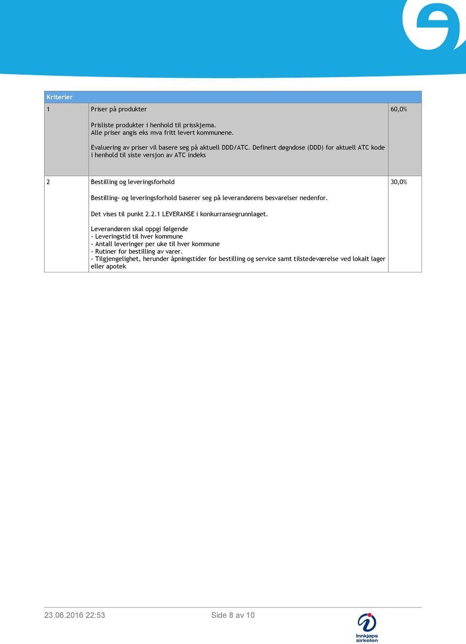 Definert døgndose (DDD) for aktuell ATC kode i henhold til siste versjon av ATC indeks 2 Bestilling og leveringsforhold 30,0% Bestilling- og leveringsforhold baserer seg på