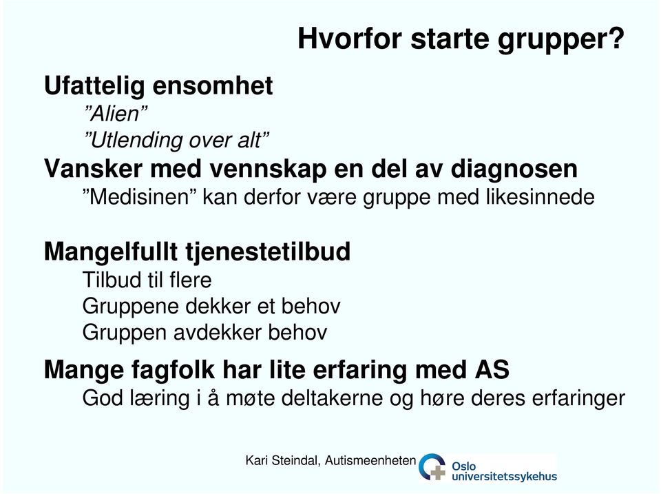 Medisinen kan derfor være gruppe med likesinnede Mangelfullt tjenestetilbud Tilbud