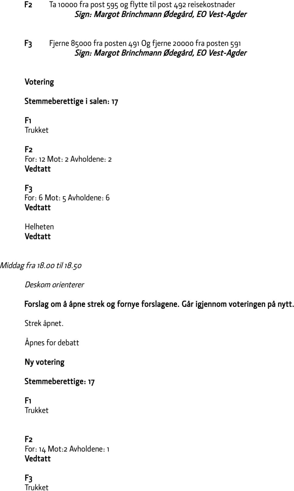 Avholdene: 2 F3 For: 6 Mot: 5 Avholdene: 6 Helheten Middag fra 18.00 til 18.50 Deskom orienterer Forslag om å åpne strek og fornye forslagene.