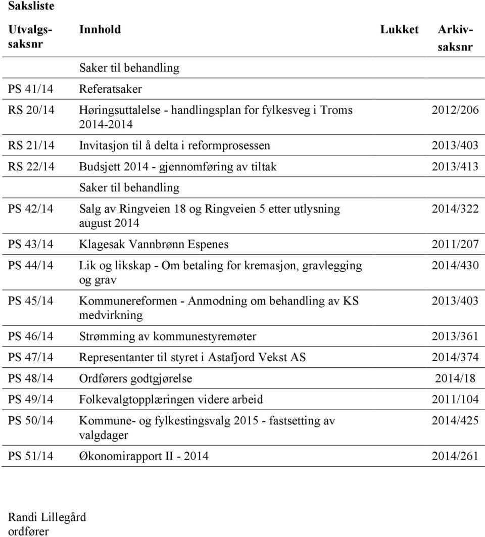 PS 43/14 Klagesak Vannbrønn Espenes 2011/207 PS 44/14 PS 45/14 Lik og likskap - Om betaling for kremasjon, gravlegging og grav Kommunereformen - Anmodning om behandling av KS medvirkning 2014/430