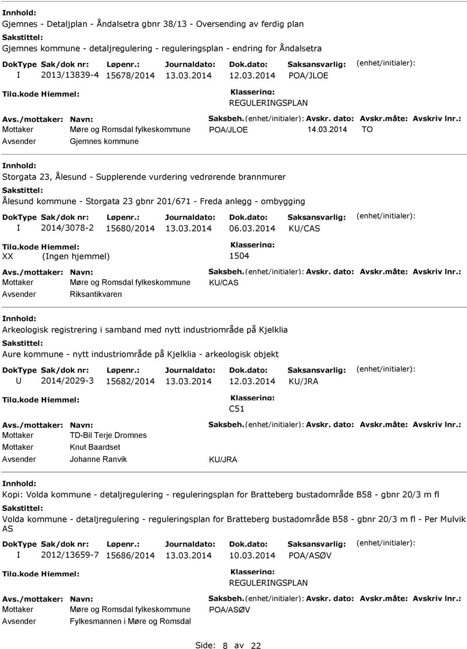 2014 TO Gjemnes kommune nnhold: Storgata 23, Ålesund - Supplerende vurdering vedrørende brannmurer Ålesund kommune - Storgata 23 gbnr 201/671 - Freda anlegg - ombygging 2014/3078-2 15680/2014 06.03.