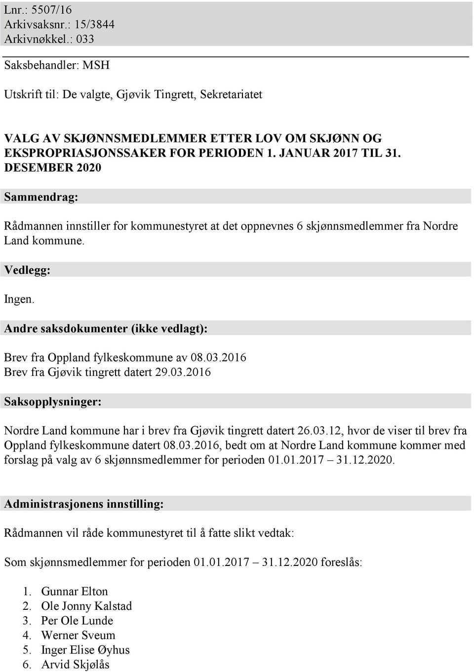 DESEMBER 2020 Sammendrag: Rådmannen innstiller for kommunestyret at det oppnevnes 6 skjønnsmedlemmer fra Nordre Land kommune. Vedlegg: Ingen.
