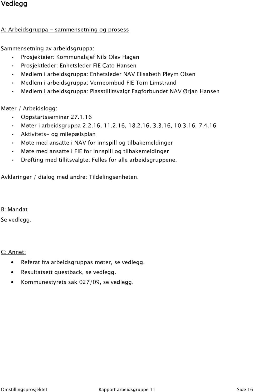 Oppstartsseminar 27.1.16 Møter i arbeidsgruppa 2.2.16, 11.2.16, 18.2.16, 3.3.16, 10.3.16, 7.4.