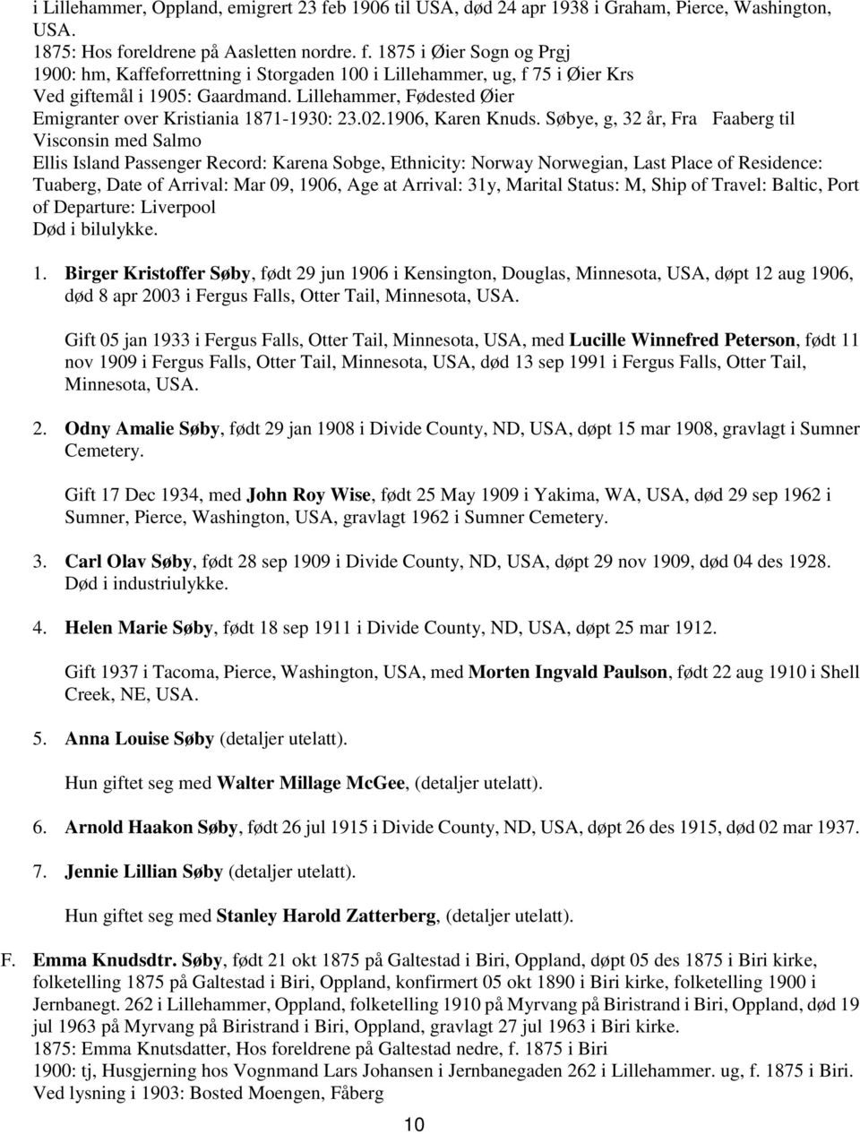 Søbye, g, 32 år, Fra Faaberg til Visconsin med Salmo Ellis Island Passenger Record: Karena Sobge, Ethnicity: Norway Norwegian, Last Place of Residence: Tuaberg, Date of Arrival: Mar 09, 1906, Age at