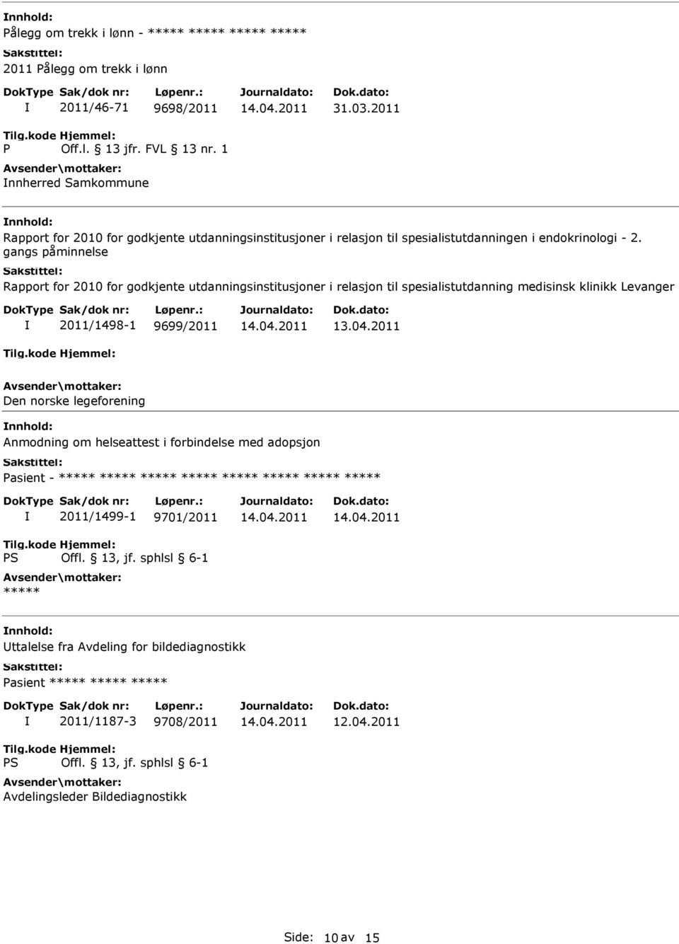 gangs påminnelse Rapport for 2010 for godkjente utdanningsinstitusjoner i relasjon til spesialistutdanning medisinsk klinikk Levanger 2011/1498-1 9699/2011 13.04.