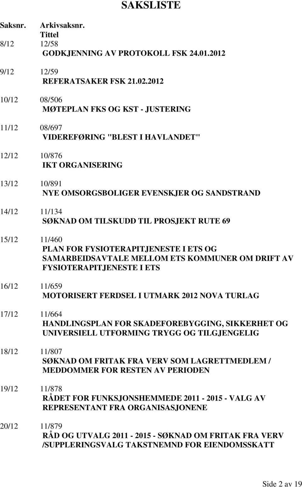 SØKNAD OM TILSKUDD TIL PROSJEKT RUTE 69 15/12 11/460 PLAN FOR FYSIOTERAPITJENESTE I ETS OG SAMARBEIDSAVTALE MELLOM ETS KOMMUNER OM DRIFT AV FYSIOTERAPITJENESTE I ETS 16/12 11/659 MOTORISERT FERDSEL I