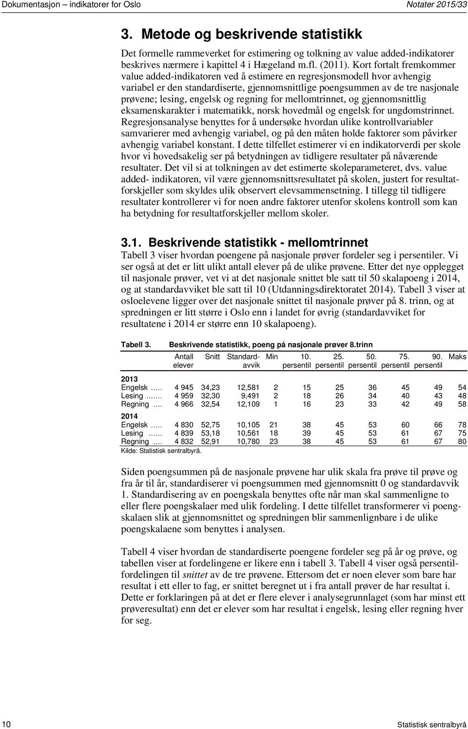 Kort fortalt fremkommer value added-indikatoren ved å estimere en regresjonsmodell hvor avhengig variabel er den standardiserte, gjennomsnittlige poengsummen av de tre nasjonale prøvene; lesing,