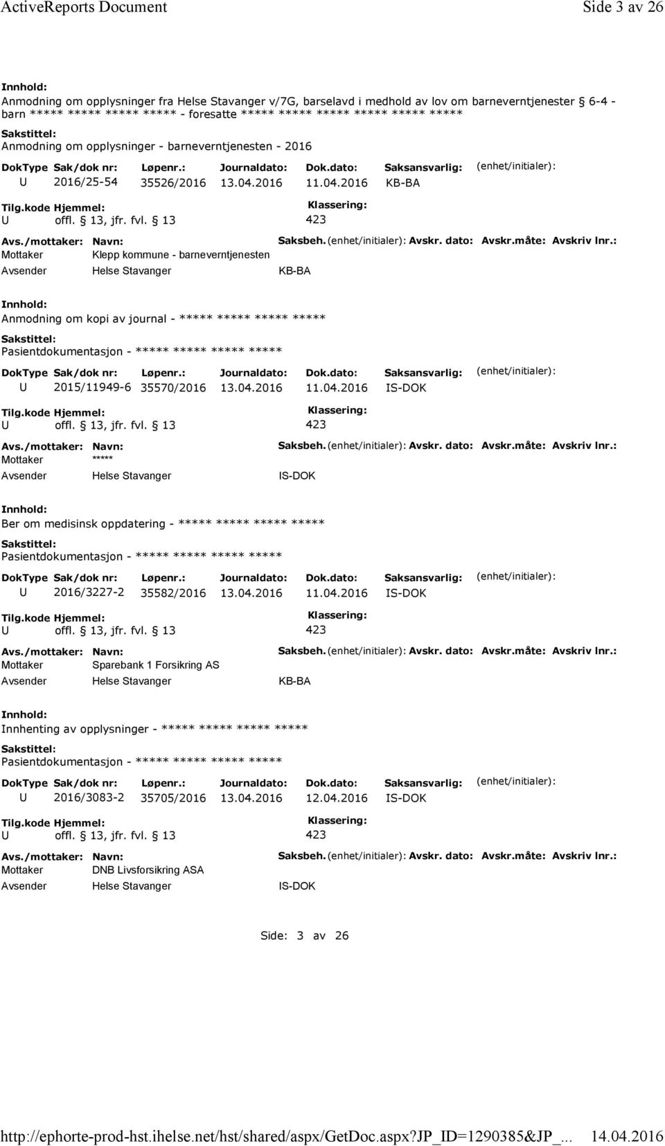 Anmodning om opplysninger - barneverntjenesten - 2016 2016/25-54 35526/2016 KB-BA Mottaker Klepp kommune - barneverntjenesten Helse Stavanger Saksbeh. Avskr. dato: Avskr.måte: Avskriv lnr.