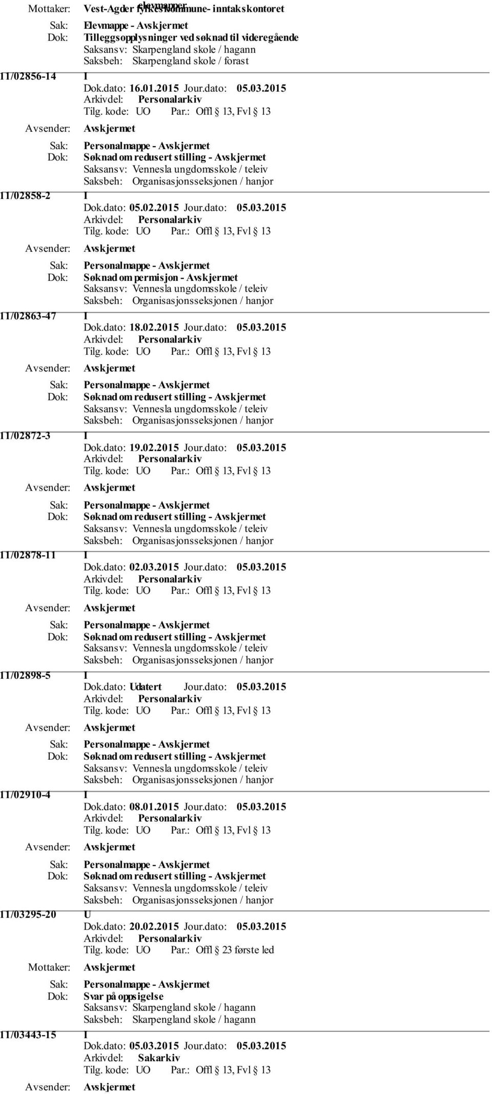 dato: 19.02.2015 Jour.dato: 05.03.2015 Personalmappe - Søknad om redusert stilling - 11/02878-11 I Dok.dato: 02.03.2015 Jour.dato: 05.03.2015 Personalmappe - Søknad om redusert stilling - 11/02898-5 I Dok.