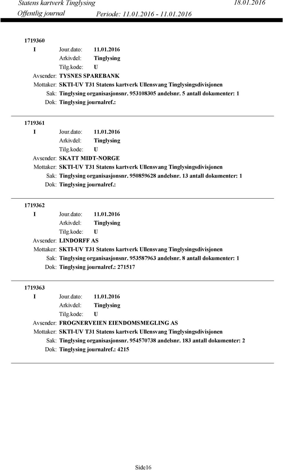 13 antall dokumenter: 1 Dok: journalref.: 1719362 Avsender: LINDORFF AS organisasjonsnr. 953587963 andelsnr.