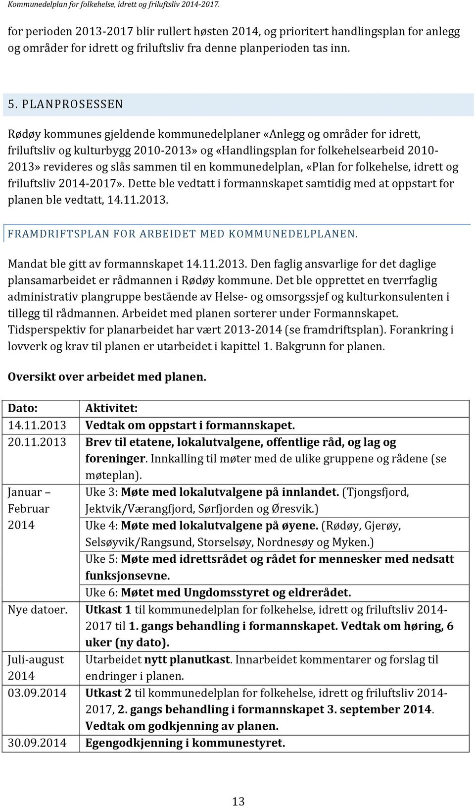 til en kommunedelplan, «Plan for folkehelse, idrett og friluftsliv 2014-2017». Dette ble vedtatt i formannskapet samtidig med at oppstart for planen ble vedtatt, 14.11.2013.