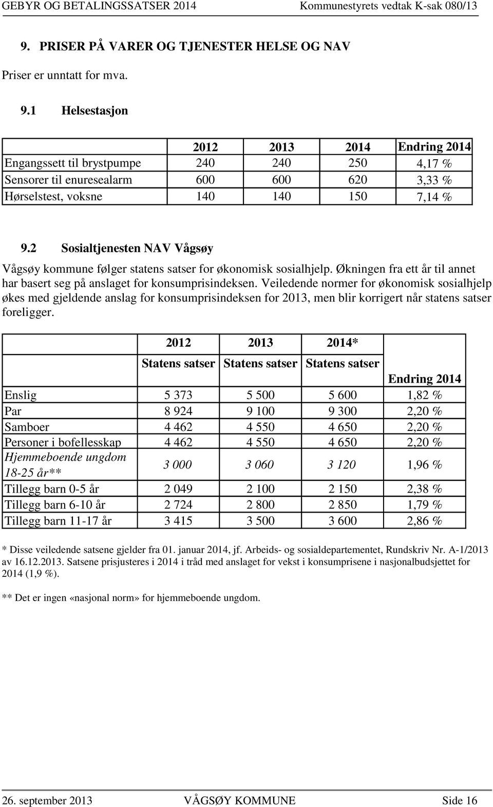 2 Sosialtjenesten NAV Vågsøy Vågsøy kommune følger statens satser for økonomisk sosialhjelp. Økningen fra ett år til annet har basert seg på anslaget for konsumprisindeksen.