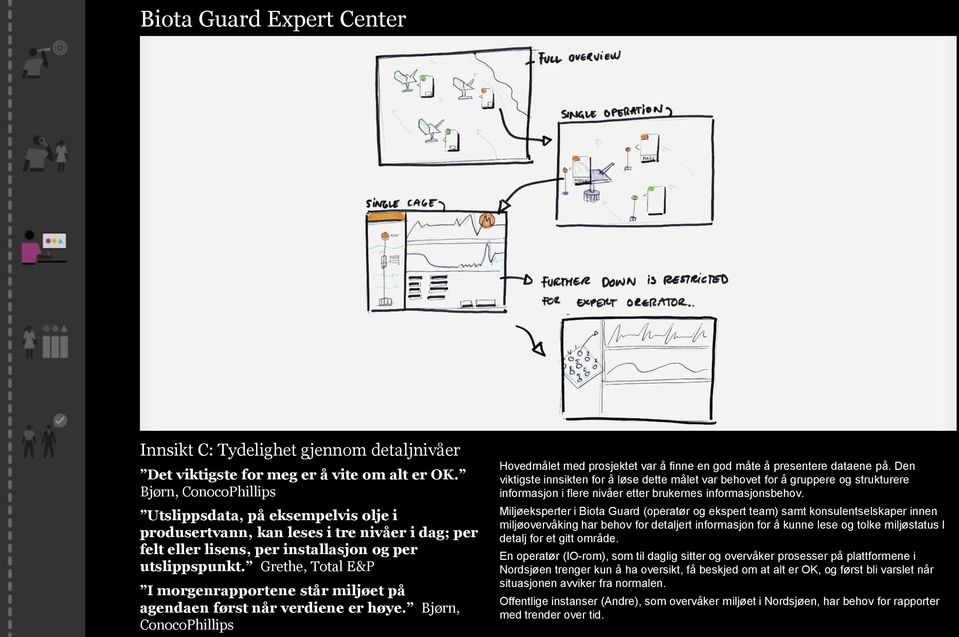 Grethe, Total E&P I morgenrapportene står miljøet på agendaen først når verdiene er høye. Bjørn, ConocoPhillips Hovedmålet med prosjektet var å finne en god måte å presentere dataene på.