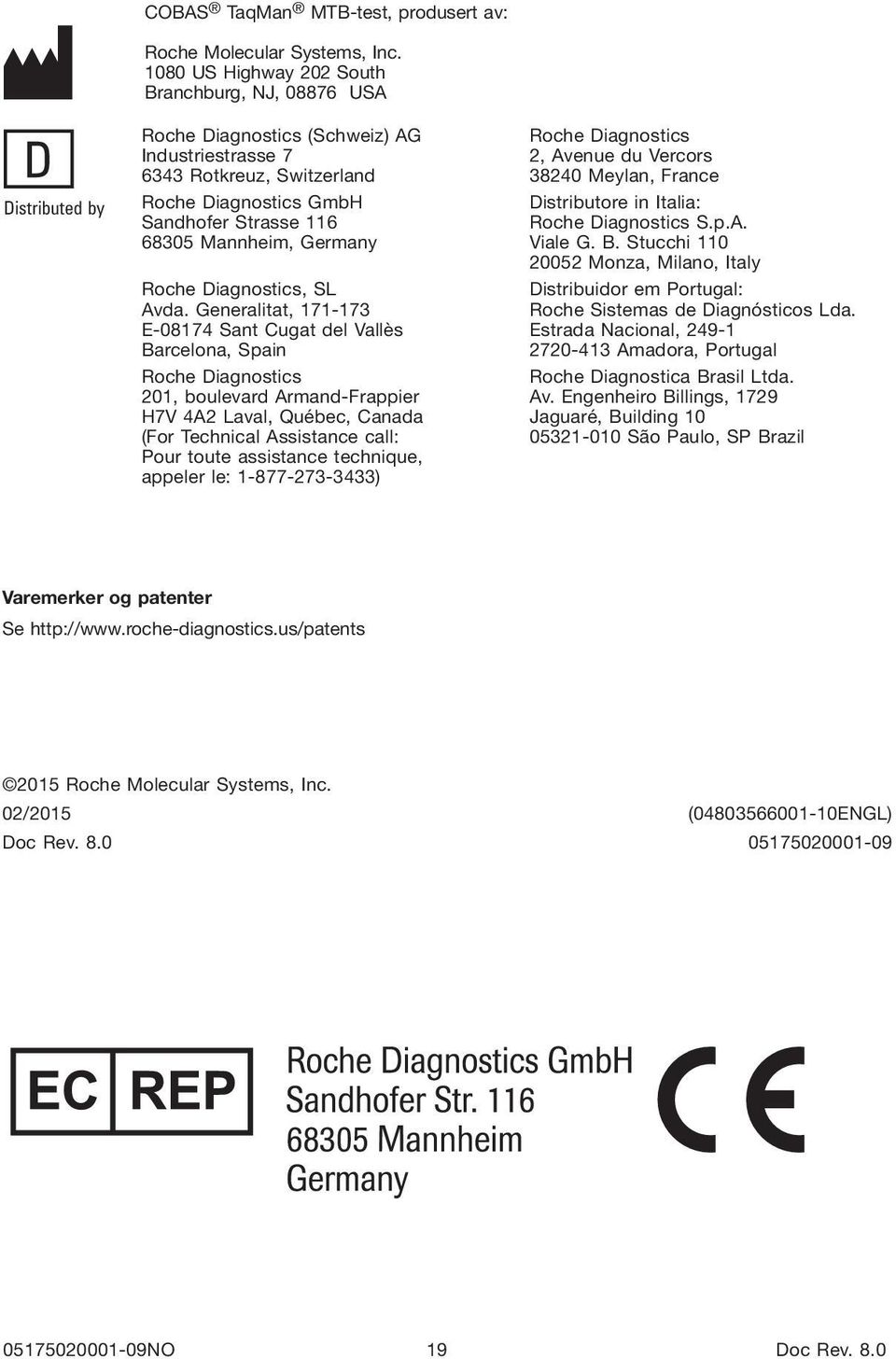 Diagnostics GmbH Distributore in Italia: Sandhofer Strasse 116 Roche Diagnostics S.p.A. 68305 Mannheim, Germany Viale G. B.