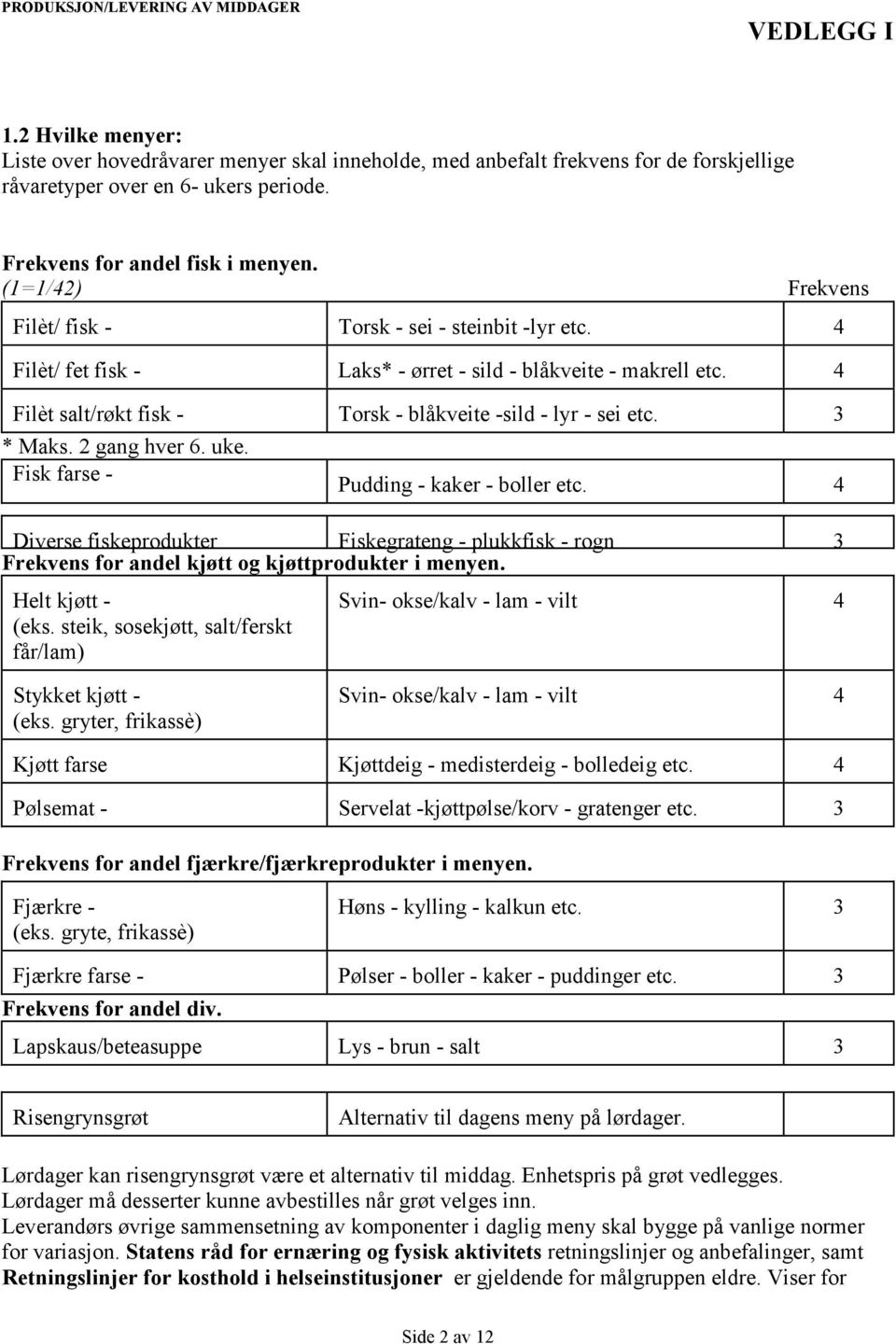 3 * Maks. 2 gang hver 6. uke. Fisk farse - Pudding - kaker - boller etc. 4 Diverse fiskeprodukter Fiskegrateng - plukkfisk - rogn 3 Frekvens for andel kjøtt og kjøttprodukter i menyen.