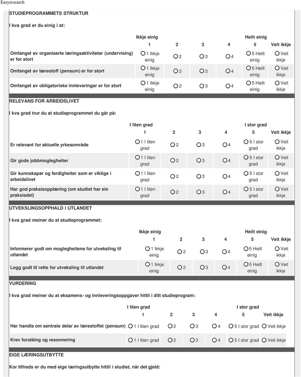 ferdigheiter som er viktige i arbeidslivet Har god praksisopplæring (om studiet har ein praksisdel) UTVEKSLINGSOPPHALD I UTLANDET I kva meiner du at studieprogrammet: Ikkje Heilt 1 5 Informerer godt