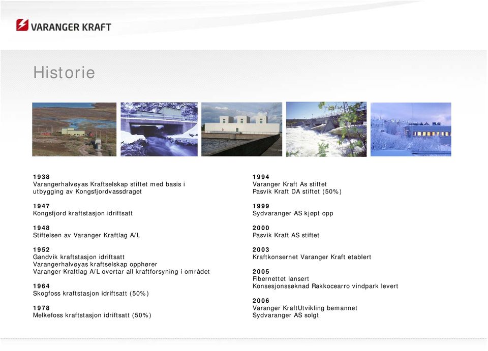 kraftstasjon idriftsatt (50%) 1978 Melkefoss kraftstasjon idriftsatt (50%) 1994 Varanger Kraft As stiftet Pasvik Kraft DA stiftet (50%) 1999 Sydvaranger AS kjøpt opp 2000