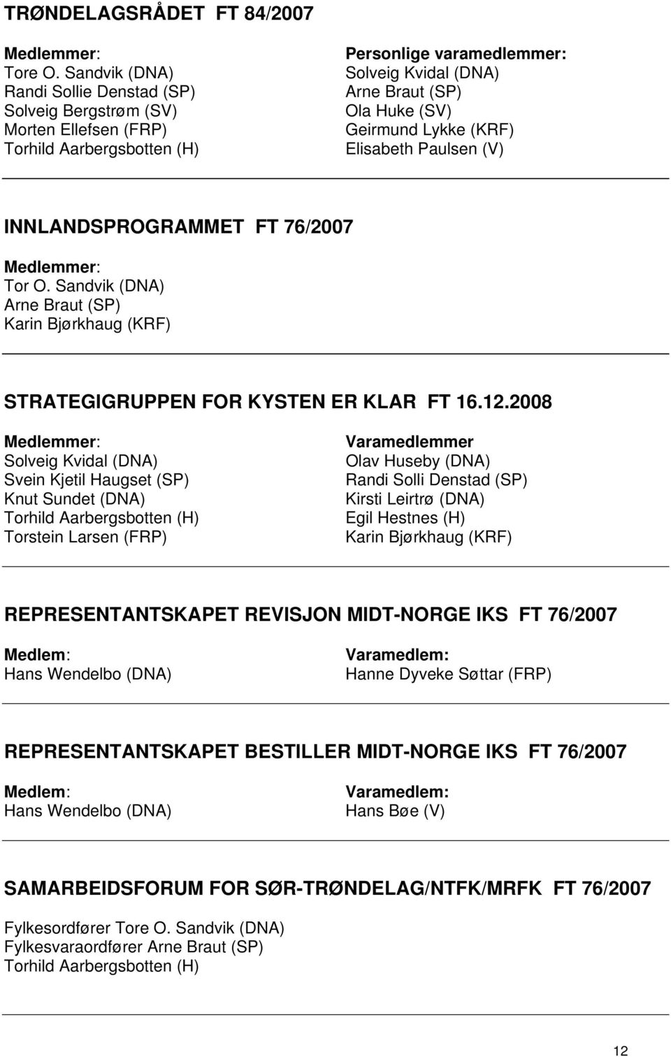 Lykke (KRF) Elisabeth Paulsen (V) INNLANDSPROGRAMMET FT 76/2007 Tor O. Sandvik (DNA) Arne Braut (SP) Karin Bjørkhaug (KRF) STRATEGIGRUPPEN FOR KYSTEN ER KLAR FT 16.12.