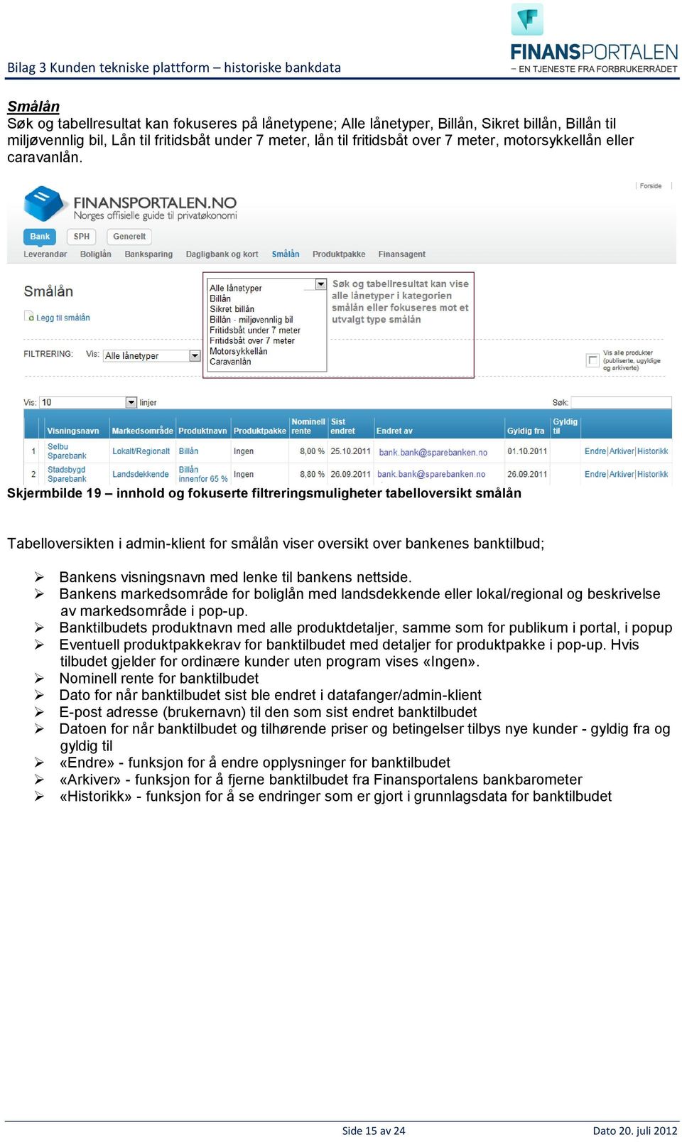 Skjermbilde 19 innhold og fokuserte filtreringsmuligheter tabelloversikt smålån Tabelloversikten i admin-klient for smålån viser oversikt over bankenes banktilbud; Bankens visningsnavn med lenke til