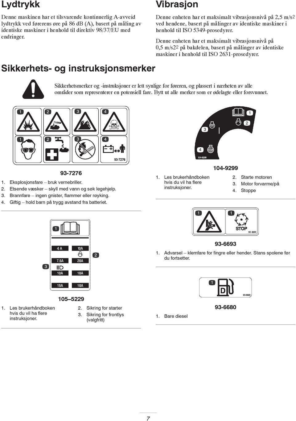 Denne enheten har et maksimalt vibrasjonsnivå på 0,5 m/s2 på bakdelen, basert på målinger av identiske maskiner i henhold til ISO 263-prosedyrer.