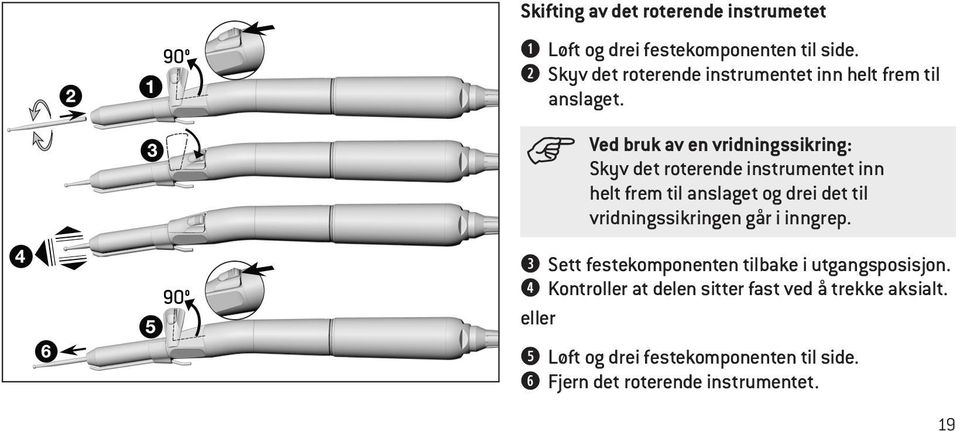 Ved bruk av en vridningssikring: Skyv det roterende instrumentet inn helt frem til anslaget og drei det til