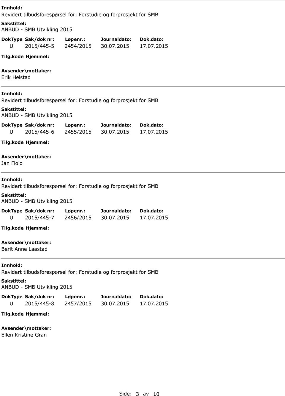 2015 Jan Flolo nnhold: Revidert tilbudsforespørsel for: Forstudie og forprosjekt for SMB ANBD - SMB tvikling 2015 2015/445-7 2456/2015 17.07.