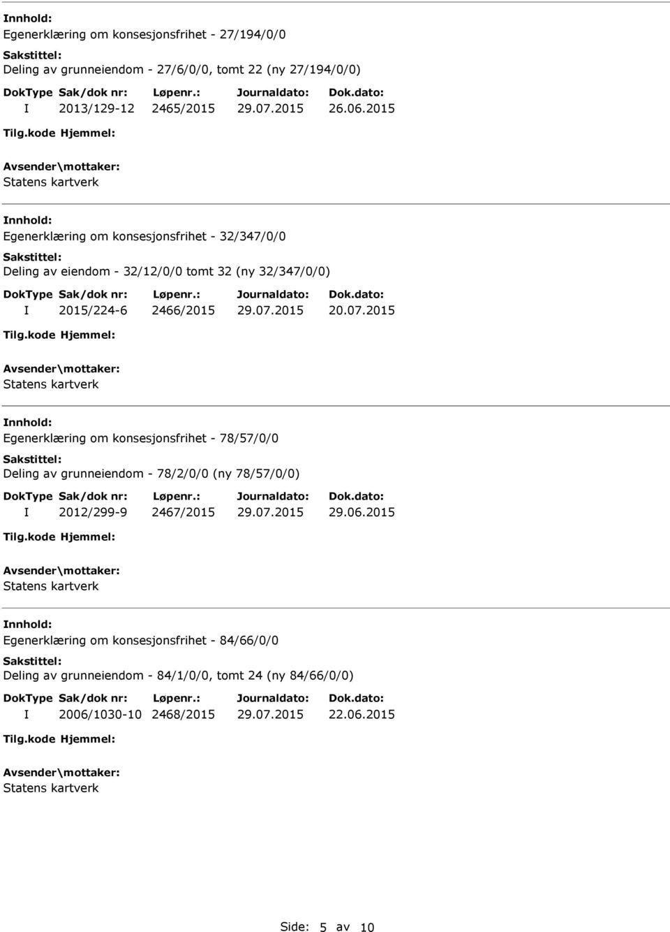 2015 nnhold: Egenerklæring om konsesjonsfrihet - 78/57/0/0 Deling av grunneiendom - 78/2/0/0 (ny 78/57/0/0) 2012/299-9 2467/2015 29.06.