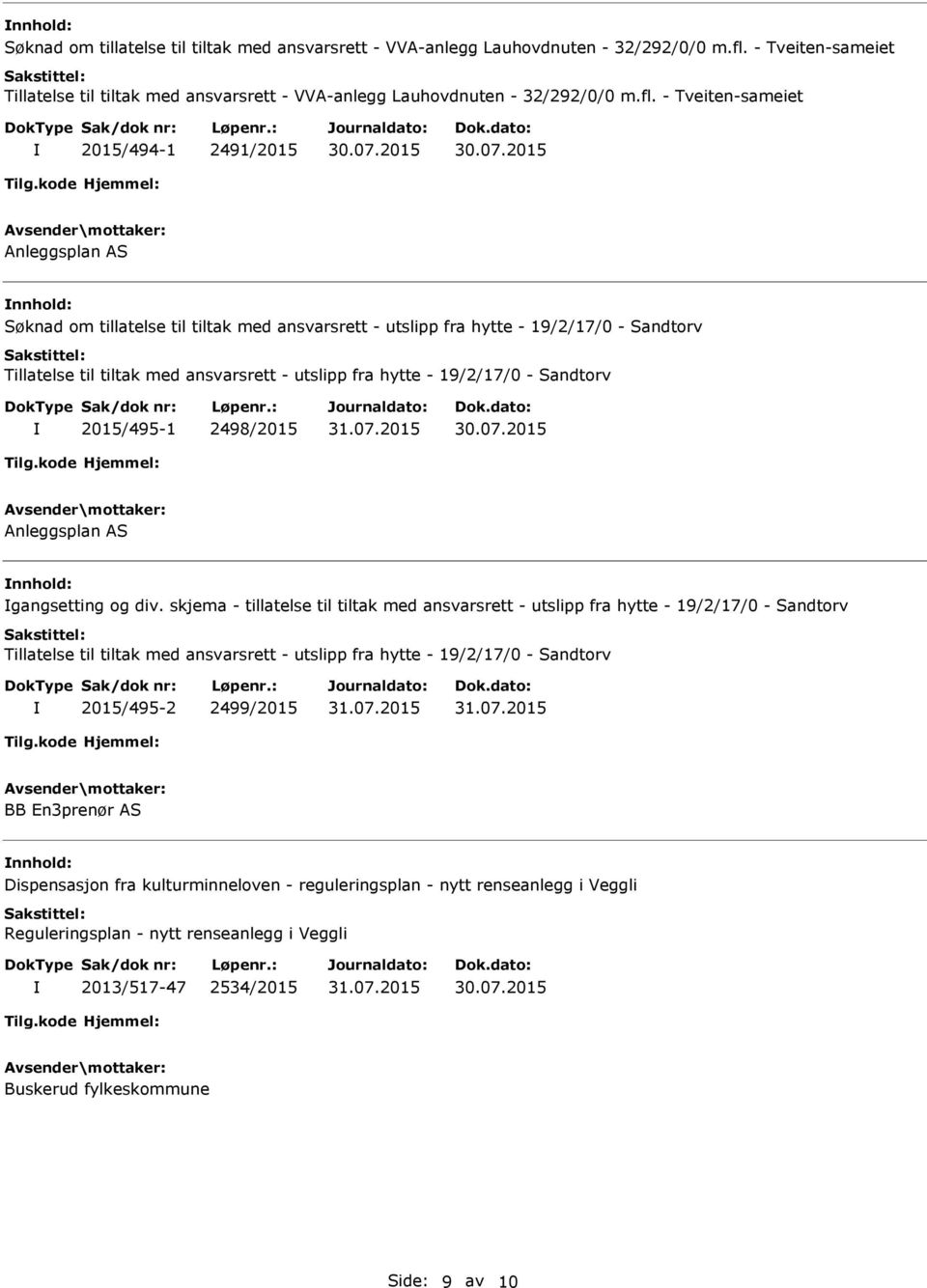 utslipp fra hytte - 19/2/17/0 - Sandtorv 2015/495-1 2498/2015 Anleggsplan AS nnhold: gangsetting og div.