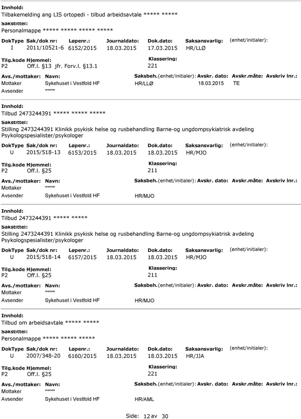 Psykologspesialister/psykologer 2015/518-13 6153/2015 Tilbud 2473244391  Psykologspesialister/psykologer 2015/518-14 6157/2015 Tilbud om