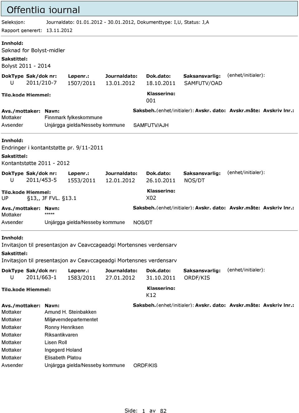 9/11-2011 Kontantstøtte 2011-2012 2011/453-5 1553/2011 26.10.2011 NOS/DT Tilg.kode P Hjemmel: 13,, JF FVL. 13.1 X02 Avs./mottaker: Navn: Saksbeh. Avskr. dato: Avskr.måte: Avskriv lnr.