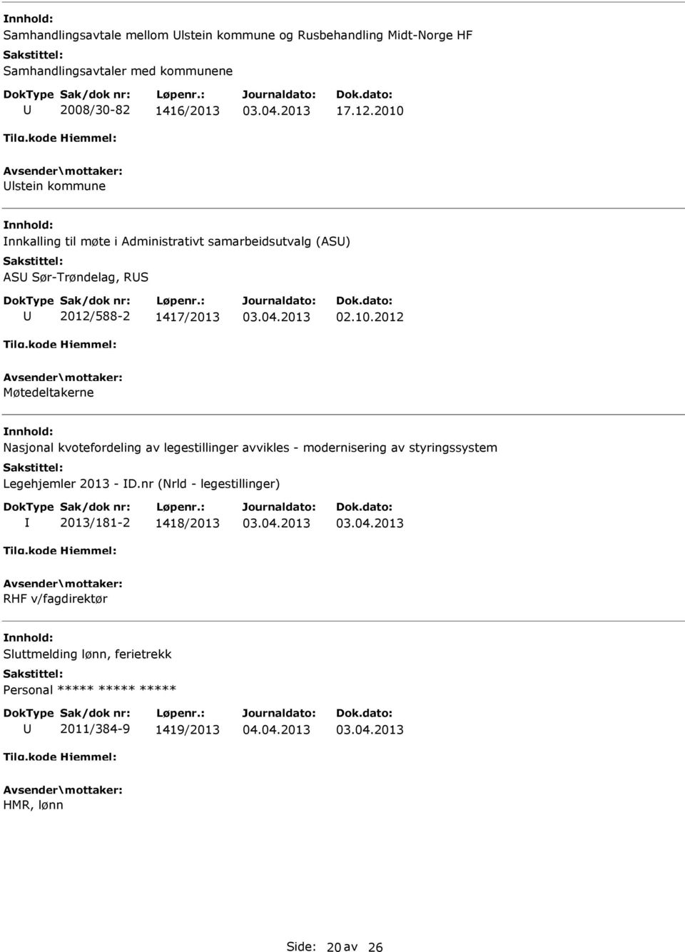 nr (Nrld - legestillinger) 2013/181-2 1418/2013 RHF v/fagdirektør Sluttmelding lønn, ferietrekk ersonal 2011/384-9 1419/2013 HMR,