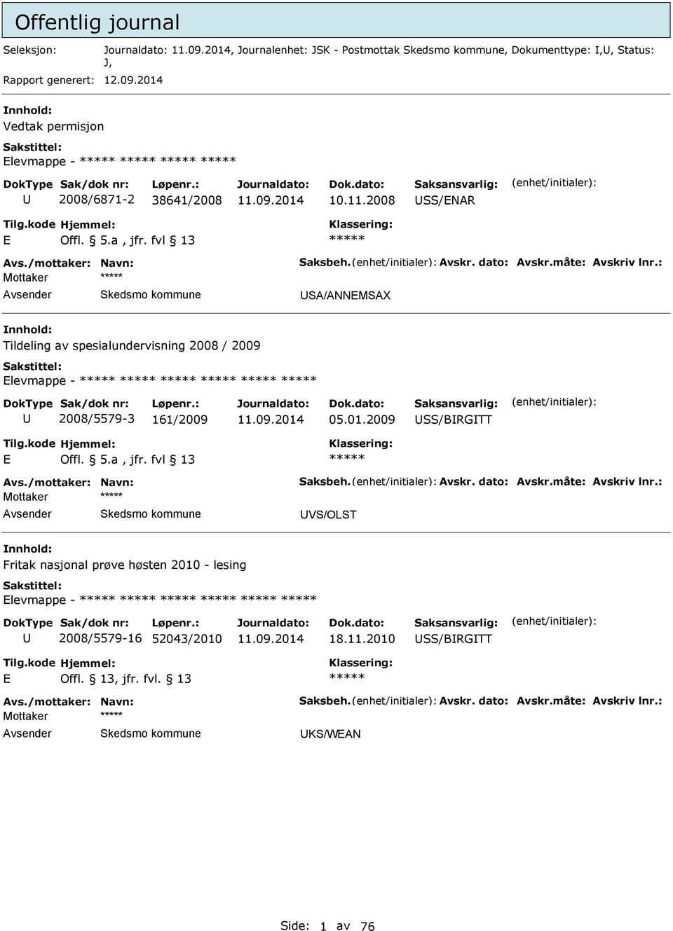 : Mottaker SA/ANNMSAX Tildeling av spesialundervisning 2008 / 2009 levmappe - 2008/5579-3 161/2009 05.01.2009 SS/BRGTT Offl. 5.a, jfr. fvl 13 Avs./mottaker: Navn: Saksbeh.