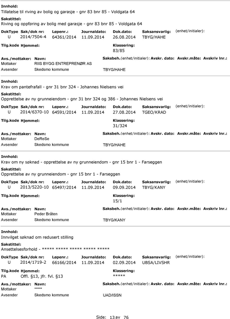 : Mottaker RS BYGG NTRPRNØR AS TBYG/HAH Krav om pantefrafall - gnr 31 bnr 324 - Johannes Nielsens vei Opprettelse av ny grunneiendom - gnr 31 bnr 324 og 386 - Johannes Nielsens vei 2014/6370-10