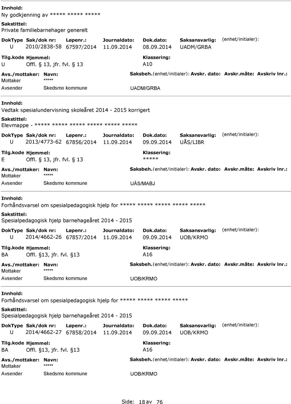 : Mottaker ÅS/MABJ Forhåndsvarsel om spesialpedagogisk hjelp for Spesialpedagogisk hjelp barnehageåret 2014-2015 2014/4662-26 67857/2014 OB/KRMO BA Offl. 13, jfr. fvl. 13 A16 Avs.