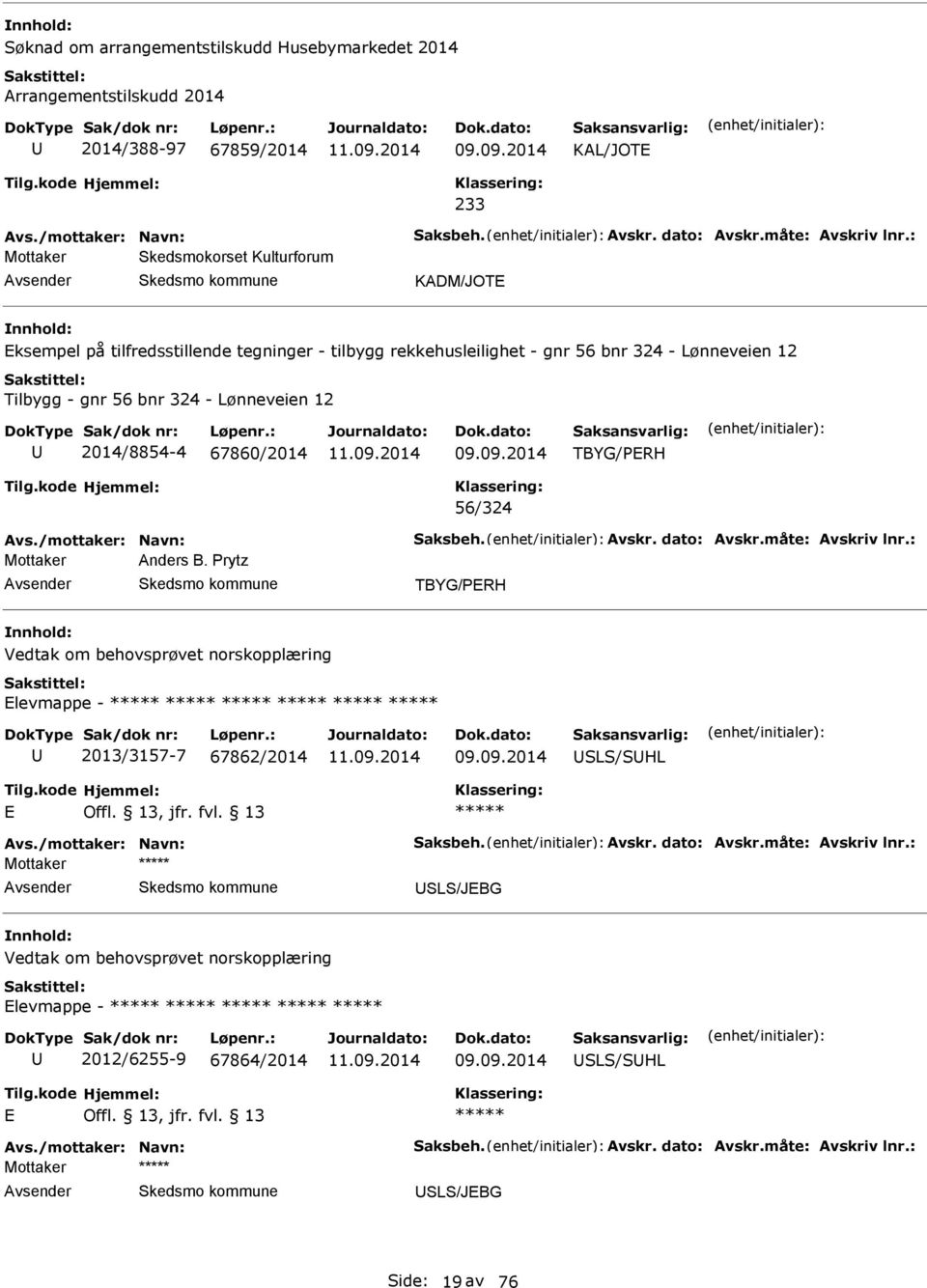 67860/2014 TBYG/PRH 56/324 Avs./mottaker: Navn: Saksbeh. Avskr. dato: Avskr.måte: Avskriv lnr.: Mottaker Anders B.