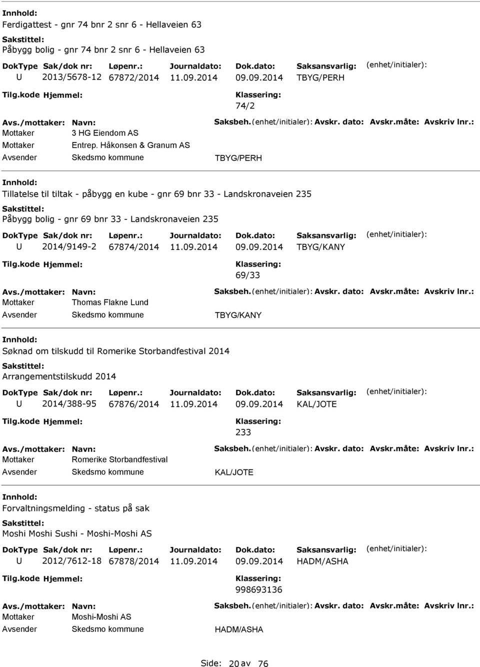 Håkonsen & Granum AS TBYG/PRH Tillatelse til tiltak - påbygg en kube - gnr 69 bnr 33 - Landskronaveien 235 Påbygg bolig - gnr 69 bnr 33 - Landskronaveien 235 2014/9149-2 67874/2014 TBYG/KANY 69/33