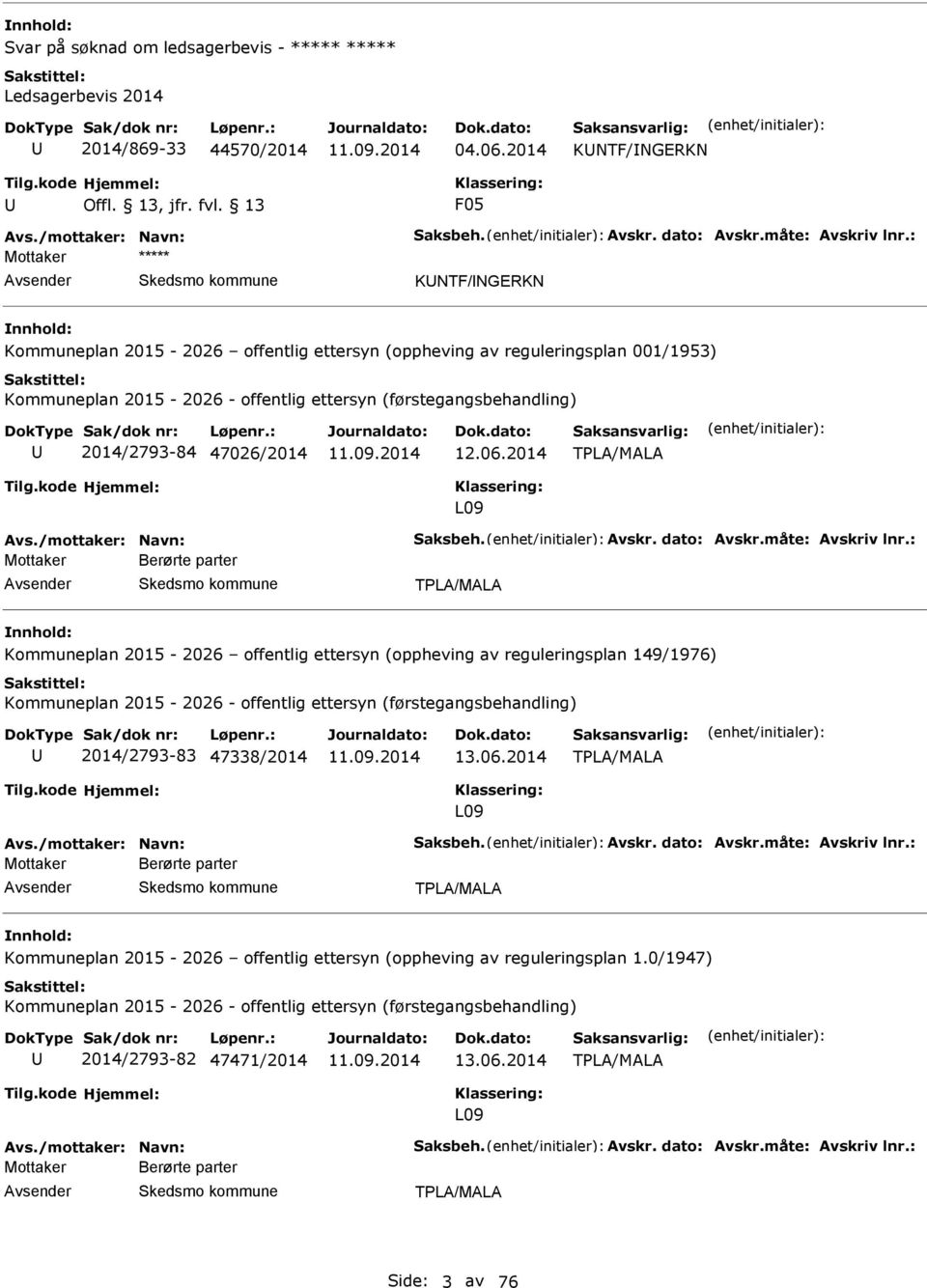 2014 L09 Avs./mottaker: Navn: Saksbeh. Avskr. dato: Avskr.måte: Avskriv lnr.