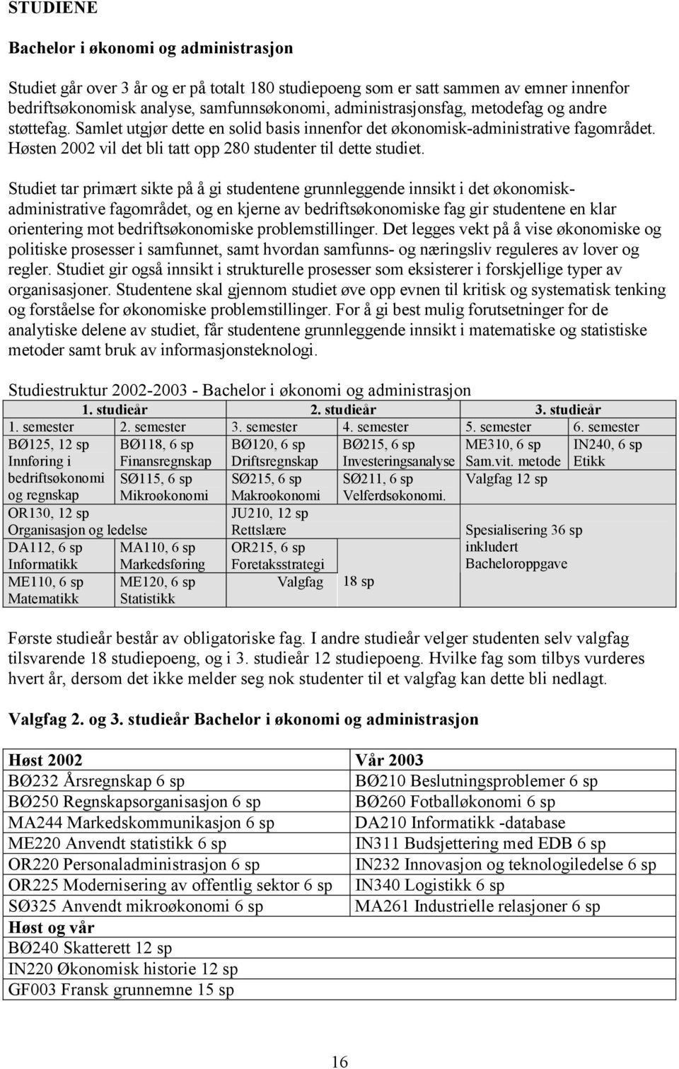 Studiet tar primært sikte på å gi studentene grunnleggende innsikt i det økonomiskadministrative fagområdet, og en kjerne av bedriftsøkonomiske fag gir studentene en klar orientering mot