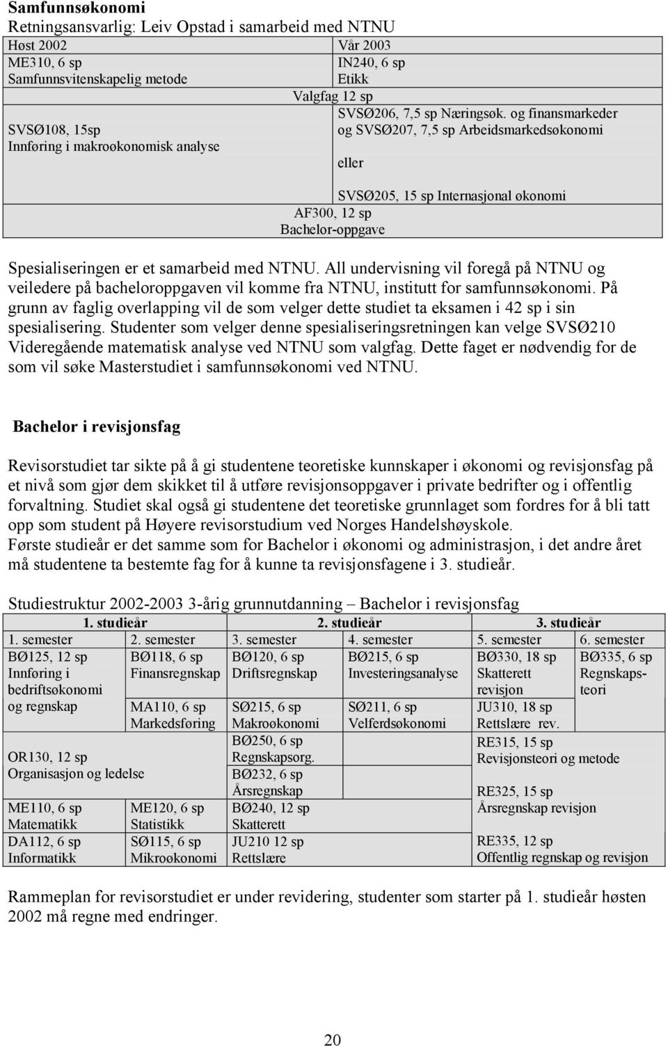 og finansmarkeder og SVSØ207, 7,5 sp Arbeidsmarkedsøkonomi eller SVSØ205, 15 sp Internasjonal økonomi AF300, 12 sp Bachelor-oppgave Spesialiseringen er et samarbeid med NTNU.