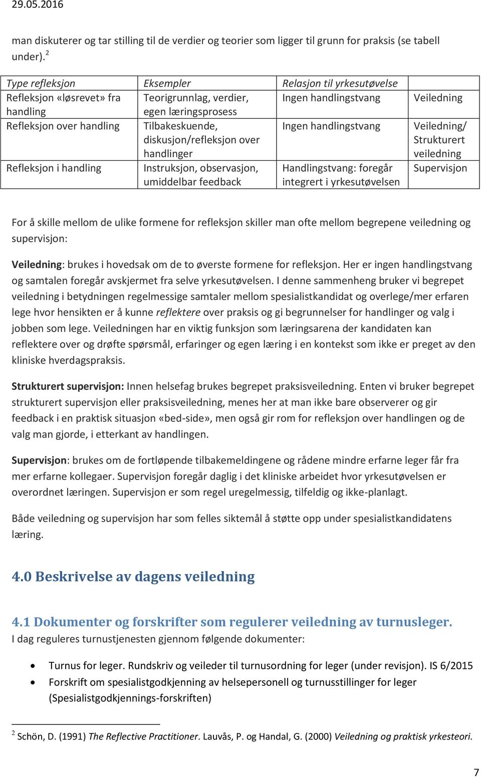 Ingen handlingstvang diskusjon/refleksjon over handlinger Refleksjon i handling Instruksjon, observasjon, Handlingstvang: foregår umiddelbar feedback integrert i yrkesutøvelsen Veiledning Veiledning/