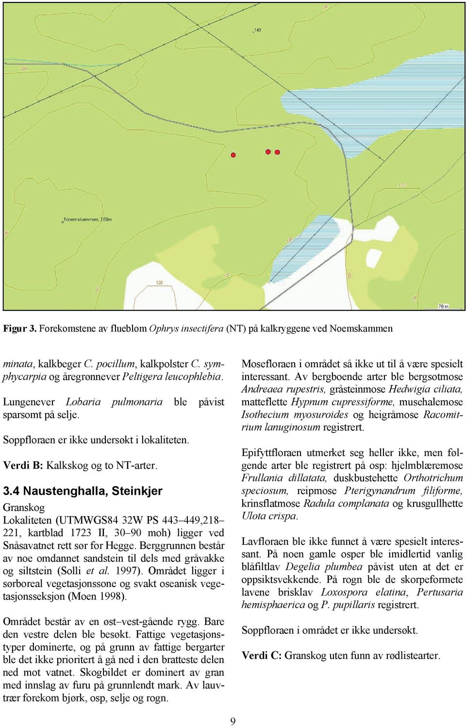 4 Naustenghalla, Steinkjer Granskog Lokaliteten (UTMWGS84 32W PS 443 449,218 221, kartblad 1723 II, 30 90 moh) ligger ved Snåsavatnet rett sør for Hegge.
