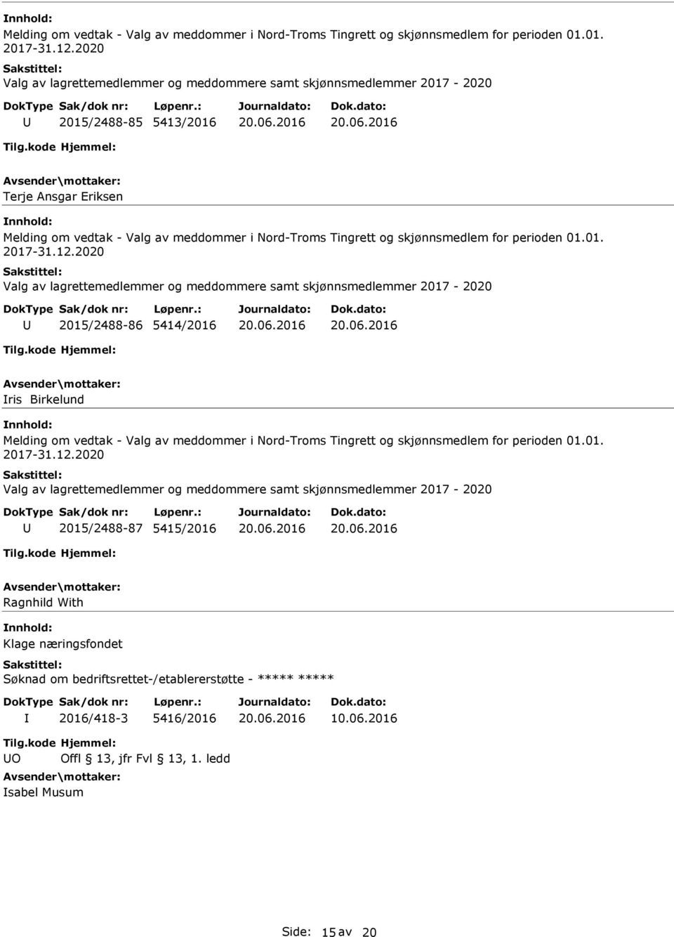 2015/2488-86 5414/2016 ris Birkelund 2020 Valg av lagrettemedlemmer og meddommere samt skjønnsmedlemmer 2017-2020 2015/2488-87 5415/2016 Ragnhild With Klage næringsfondet Søknad om