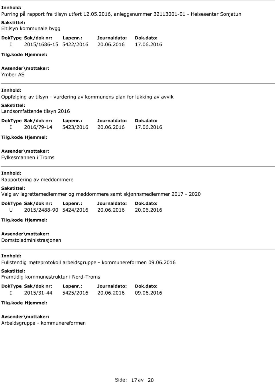 plan for lukking av avvik Landsomfattende tilsyn 2016 2016/79-14 5423/2016 Fylkesmannen i Troms Rapportering av meddommere Valg av lagrettemedlemmer og